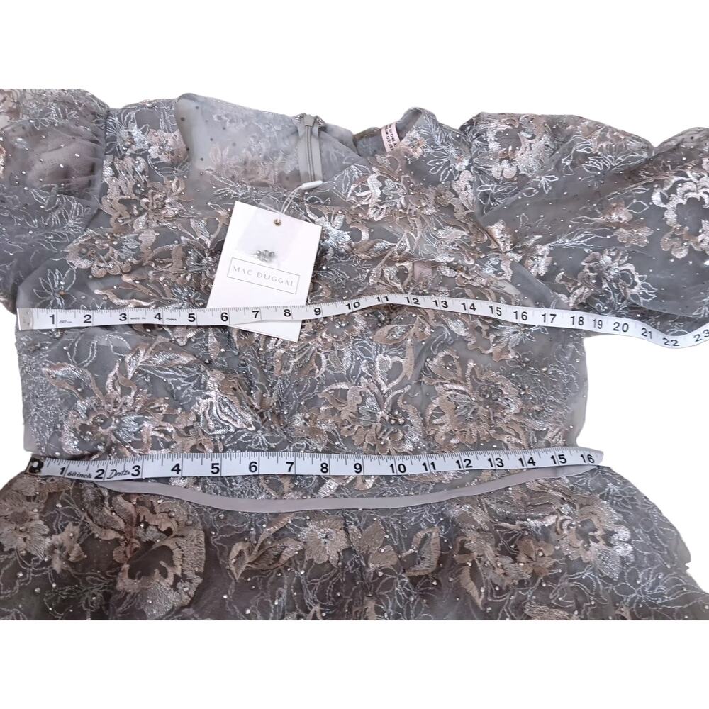 MAC DUGGAL Dress NEW 12 Silver Gray Beaded Tulle Midi Tea‎ Puff Sleeve Event - Picture 4 of 10
